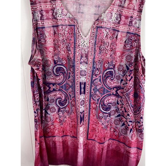 Catherine’s Pink Blouse Geometric Print Gem Fairy Spring Summer Popover 2X - Picture 2 of 8